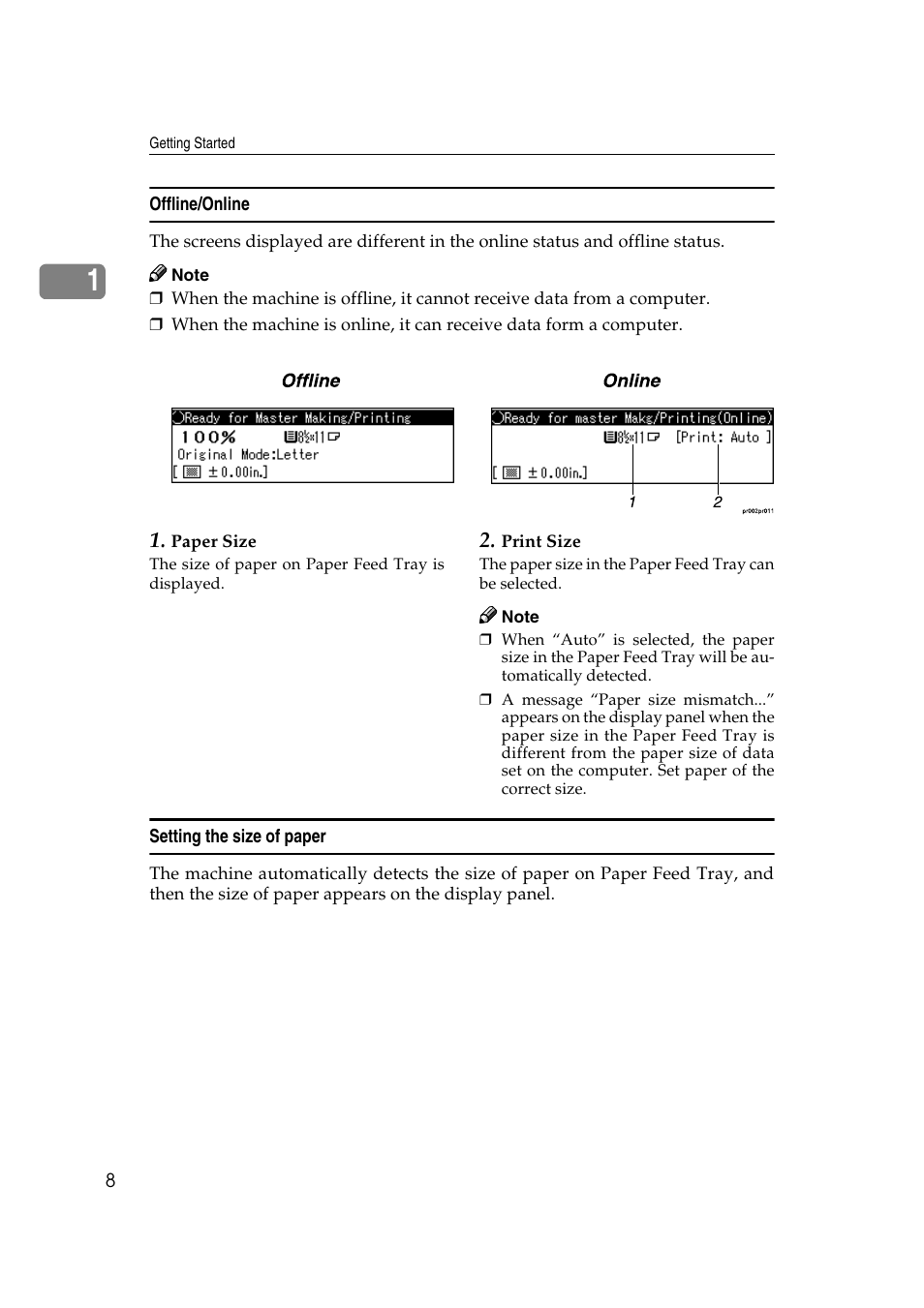 Offline/online, Setting the size of paper | Savin RCP40 User Manual | Page 14 / 46