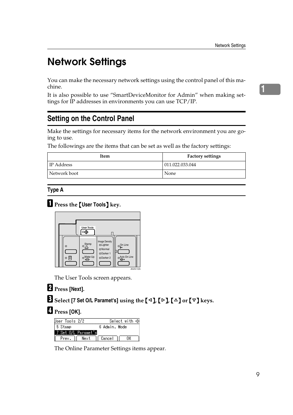 Network settings, Setting on the control panel, Type a | 1network settings | Savin RCP40 User Manual | Page 15 / 46