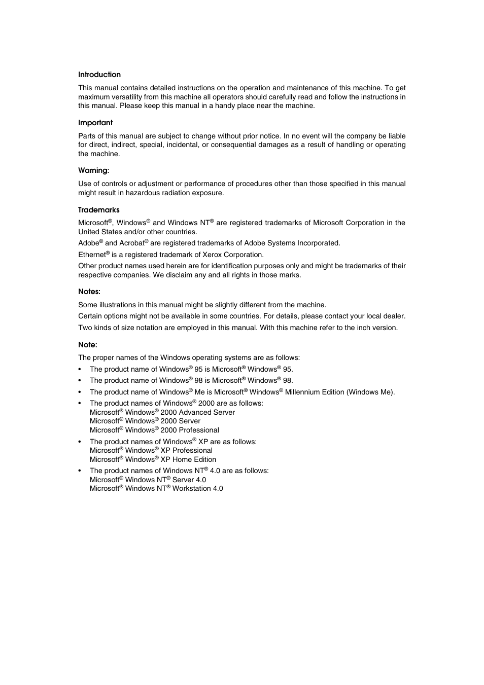 Introduction, Important, Warning | Trademarks, Notes, Note | Savin RCP40 User Manual | Page 2 / 46