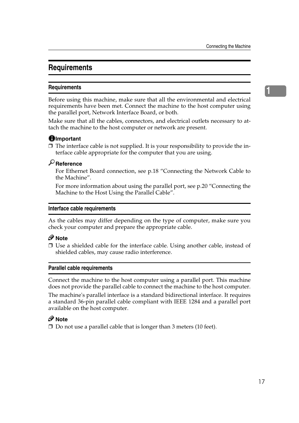Requirements, Interface cable requirements, Parallel cable requirements | Savin RCP40 User Manual | Page 23 / 46