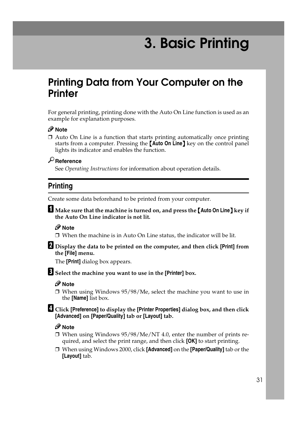  basic printing, Printing data from your computer on the printer, Printing | Basic printing | Savin RCP40 User Manual | Page 37 / 46