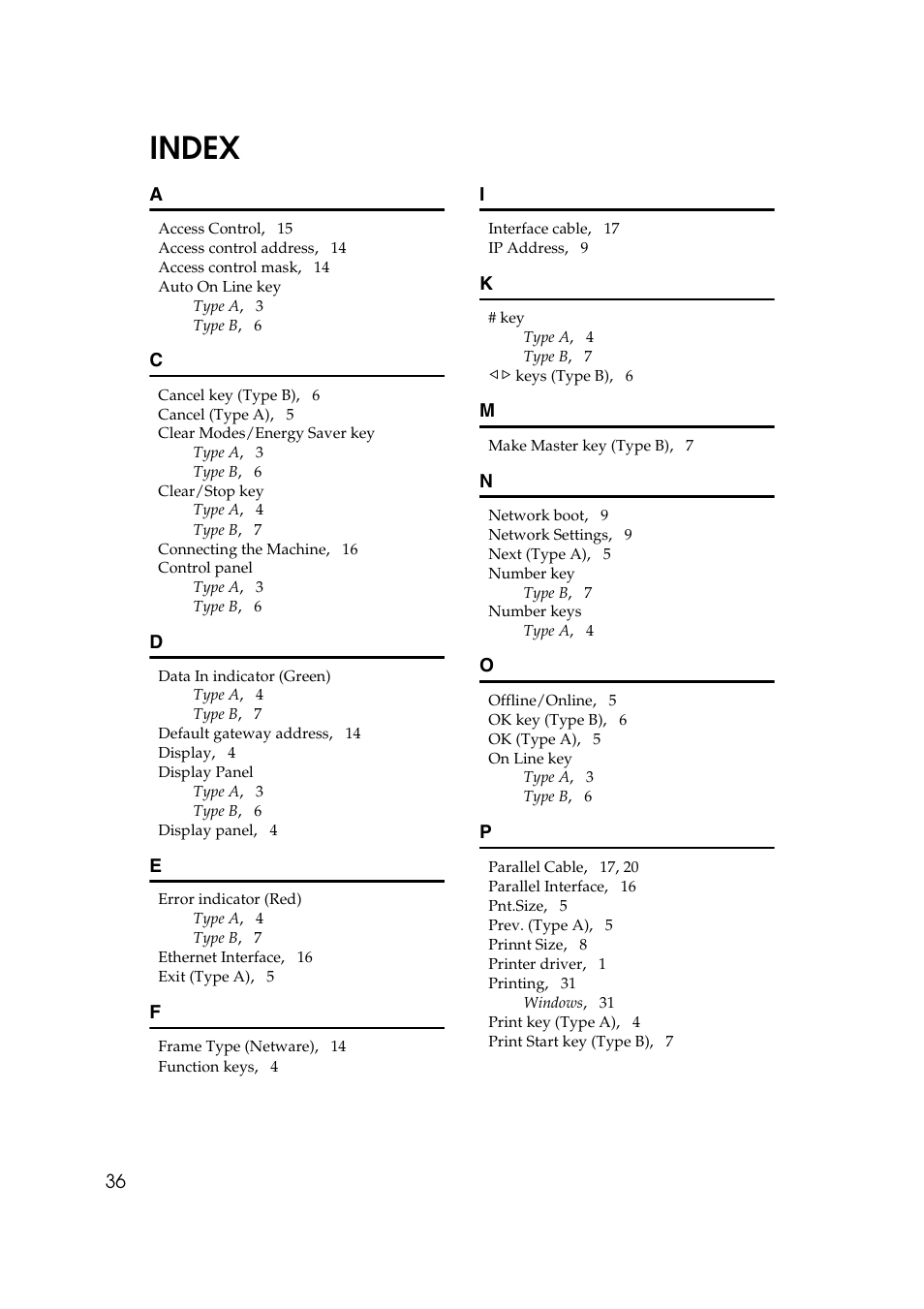 Index | Savin RCP40 User Manual | Page 42 / 46