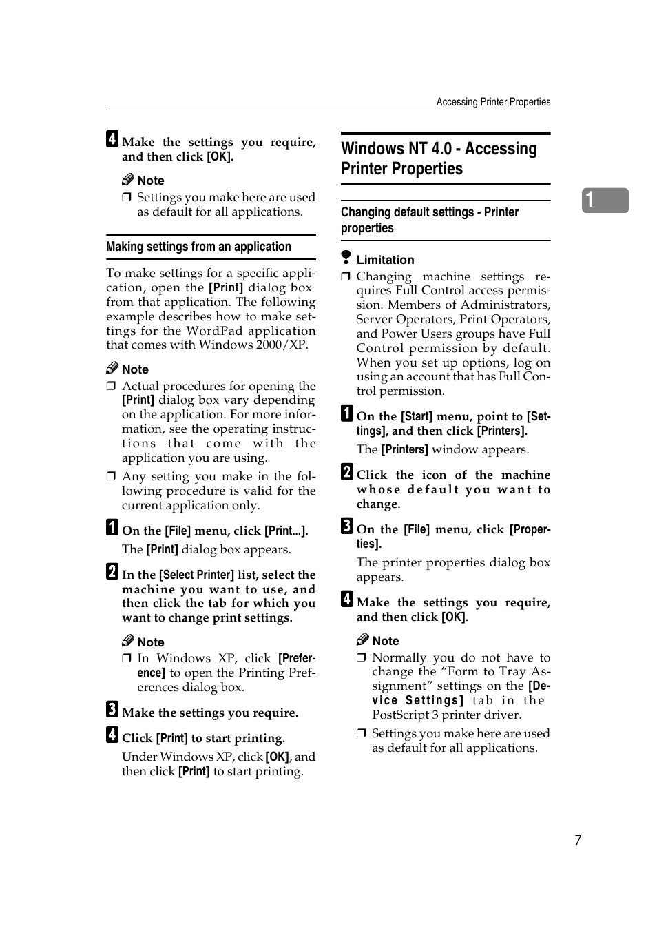 Making settings from an application, Windows nt 4.0 - accessing printer properties, Changing default settings - printer properties | Savin 2027 User Manual | Page 11 / 78
