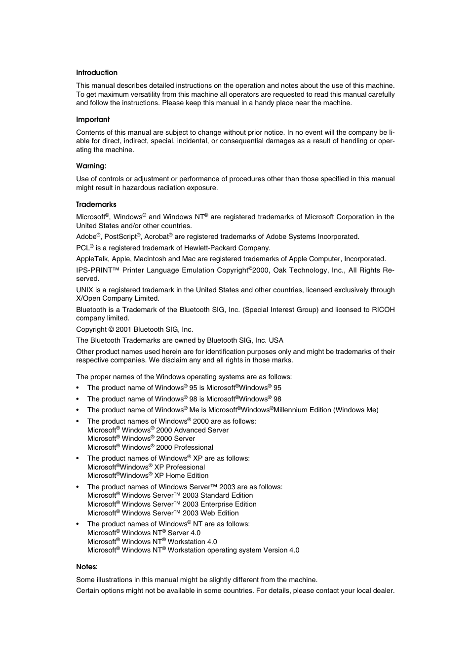 Introduction, Important, Warning | Trademarks, Notes | Savin 2027 User Manual | Page 2 / 78