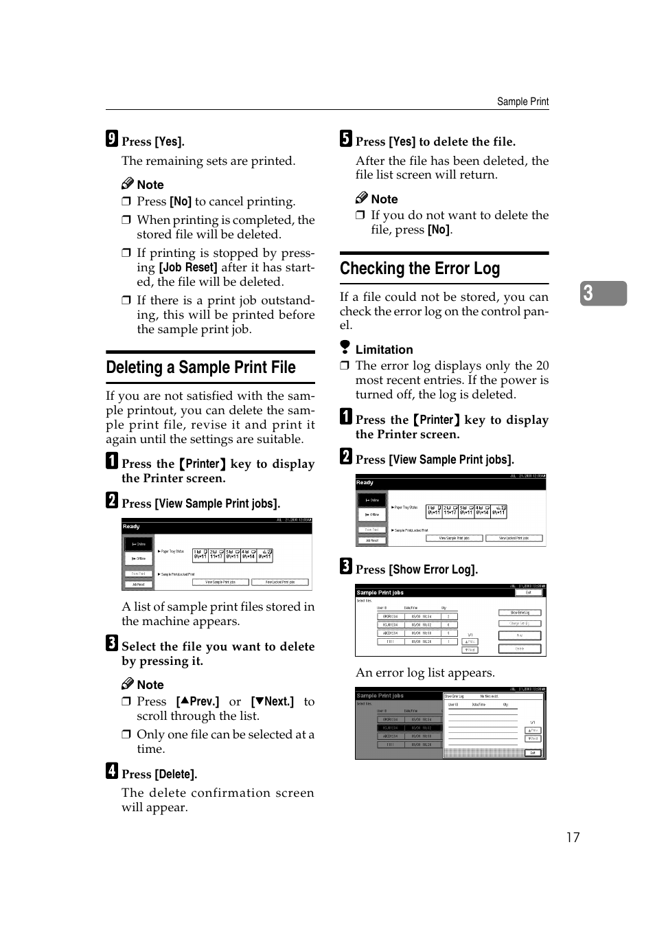 Deleting a sample print file, Checking the error log | Savin 2027 User Manual | Page 21 / 78