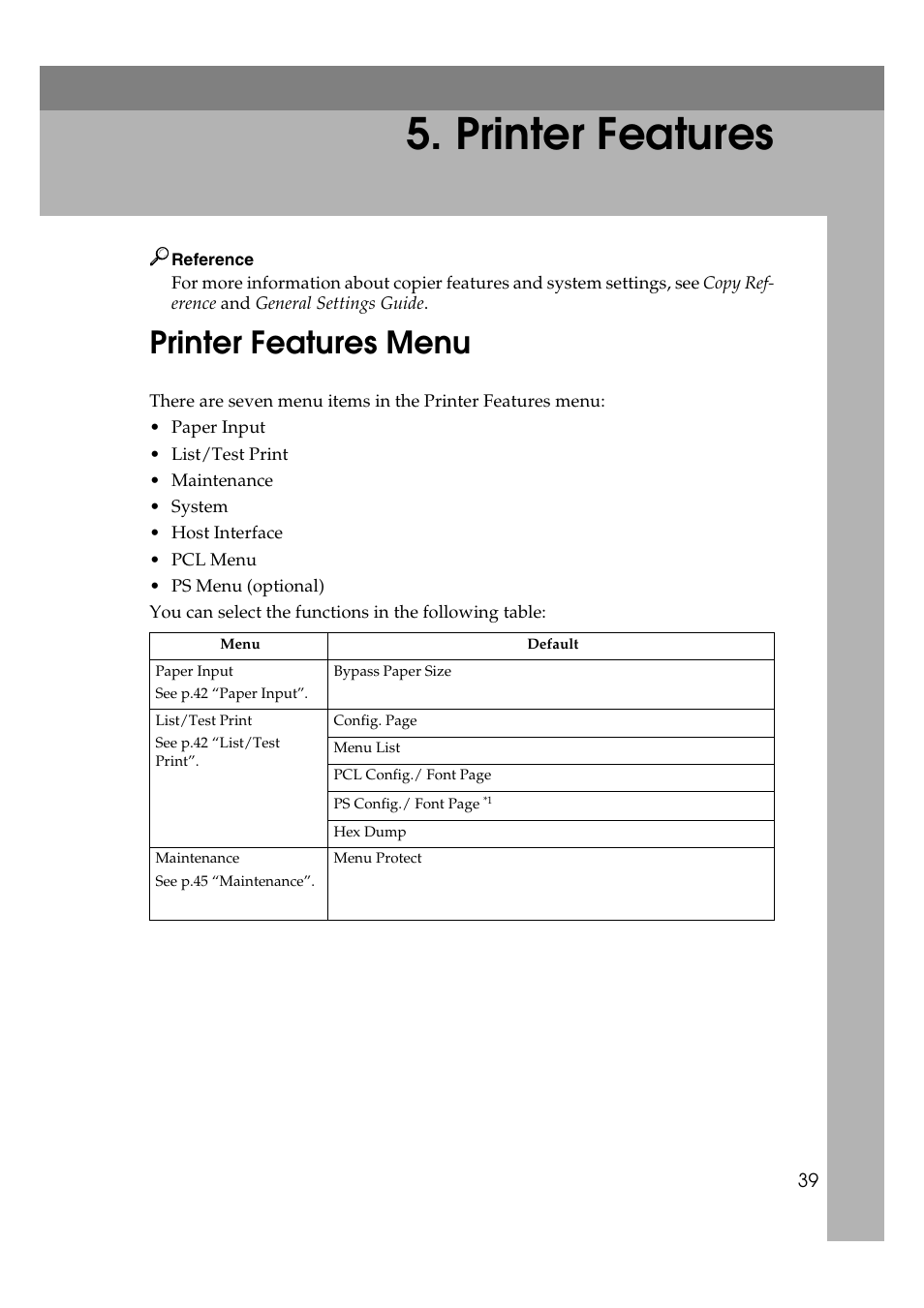  printer features, Printer features menu, Printer features | Savin 2027 User Manual | Page 43 / 78
