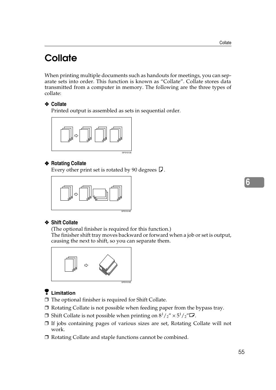 Collate, 6collate, Rotating collate | Shift collate, Every other print set is rotated by 90 degrees k, Limitation | Savin 2027 User Manual | Page 59 / 78