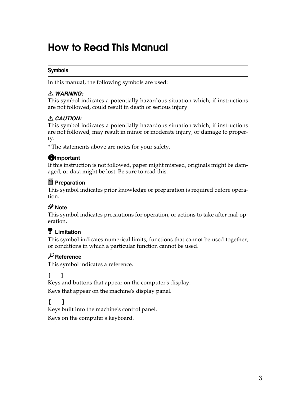 How to read this manual, Symbols | Savin 2027 User Manual | Page 7 / 78