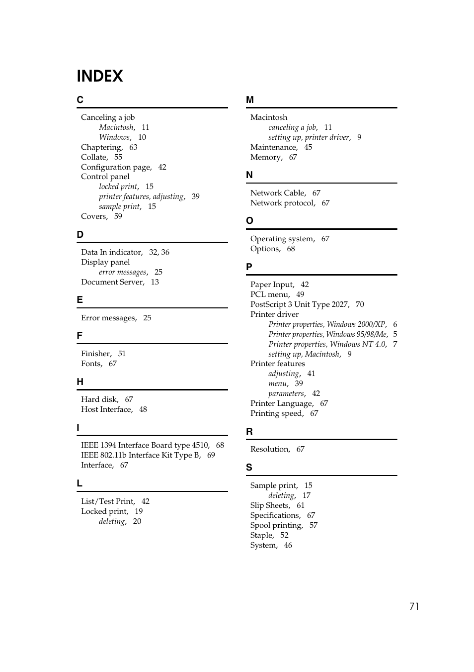 Index | Savin 2027 User Manual | Page 75 / 78