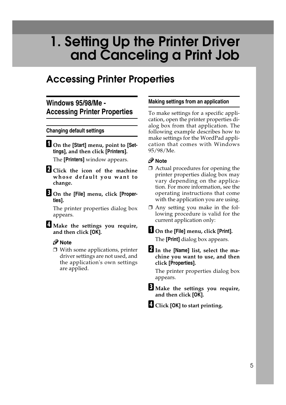 Accessing printer properties, Windows 95/98/me - accessing printer properties, Changing default settings | Making settings from an application | Savin 2027 User Manual | Page 9 / 78