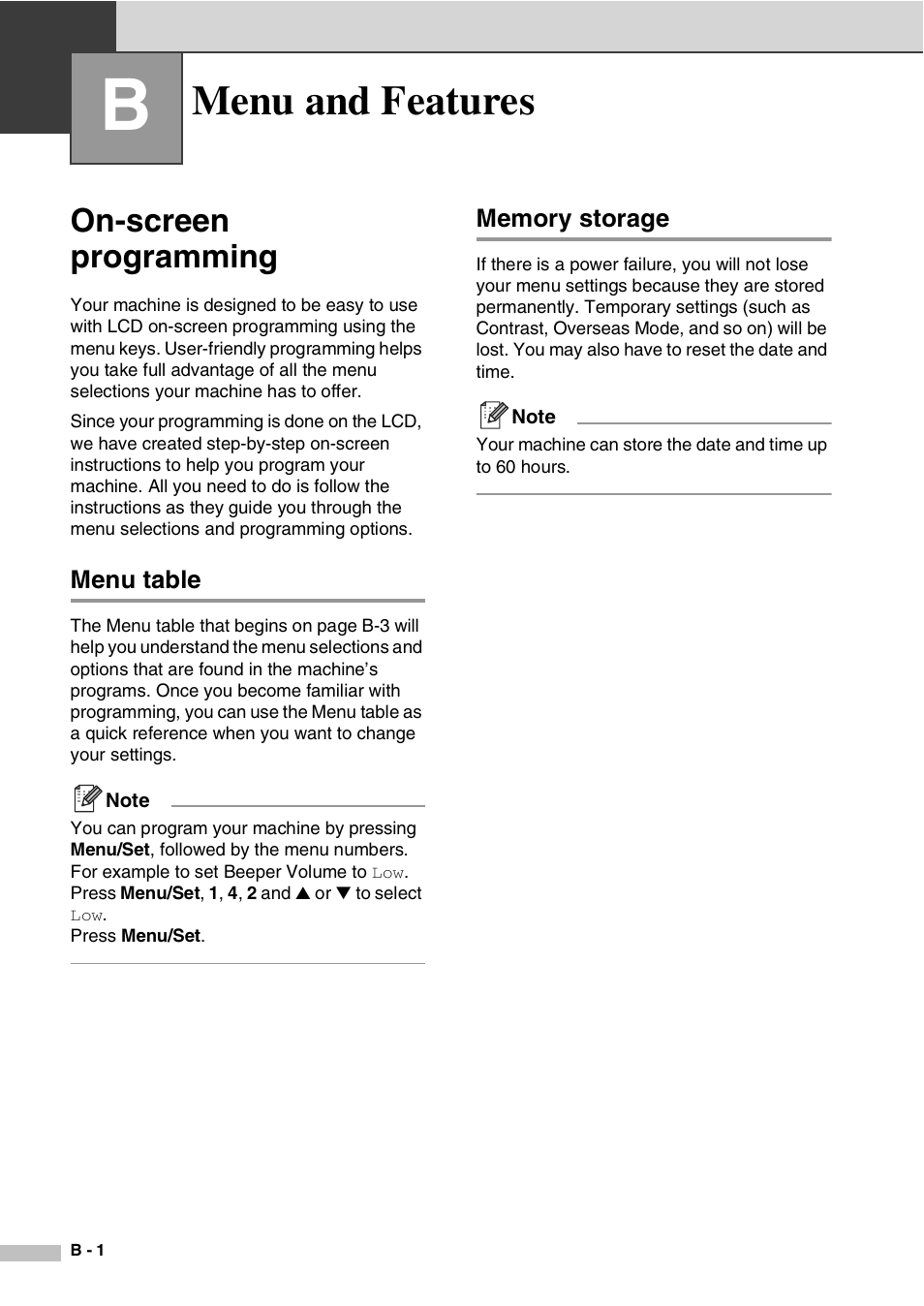 B menu and features, On-screen programming, Menu table | Memory storage, Menu and features | Savin SPC210SF User Manual | Page 103 / 176