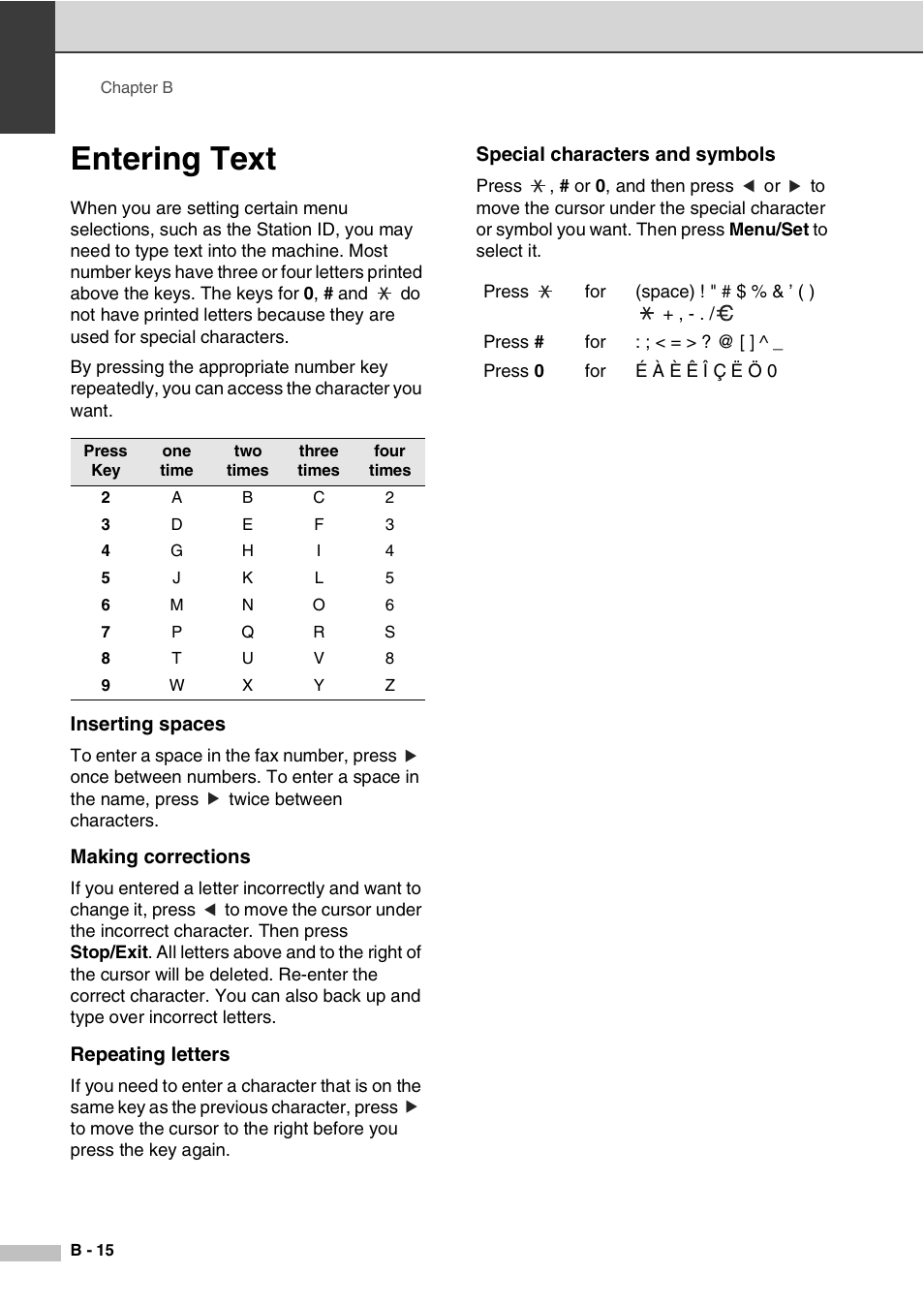 Entering text, Inserting spaces, Making corrections | Repeating letters, Special characters and symbols | Savin SPC210SF User Manual | Page 117 / 176