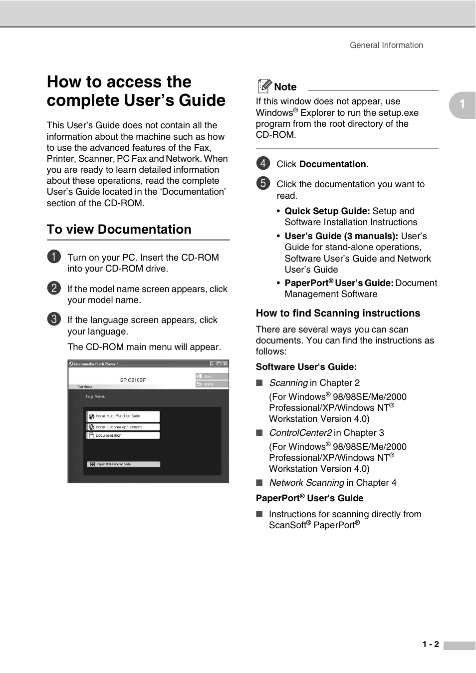 How to access the complete user’s guide, To view documentation, How to find scanning instructions | How to access the complete user’s guide -2, To view documentation -2 | Savin SPC210SF User Manual | Page 12 / 176