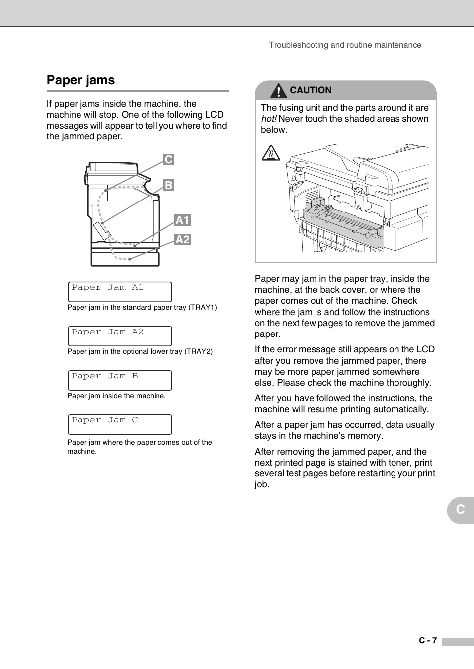 Paper jams, Cpaper jams, A1 c b a2 | Savin SPC210SF User Manual | Page 124 / 176