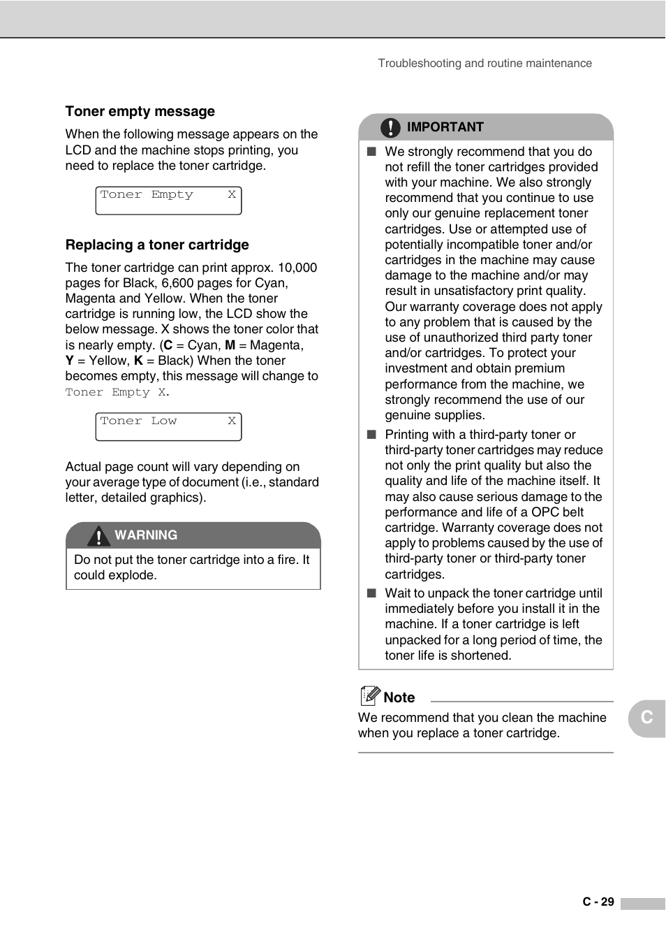 Toner empty message, Replacing a toner cartridge | Savin SPC210SF User Manual | Page 146 / 176