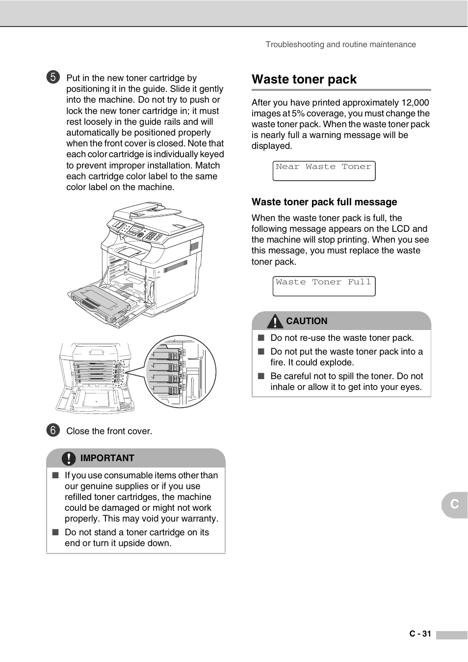 Waste toner pack, Waste toner pack full message | Savin SPC210SF User Manual | Page 148 / 176