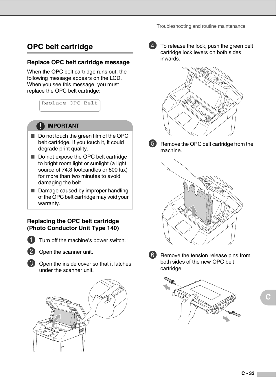 Opc belt cartridge, Replace opc belt cartridge message, Copc belt cartridge | Savin SPC210SF User Manual | Page 150 / 176