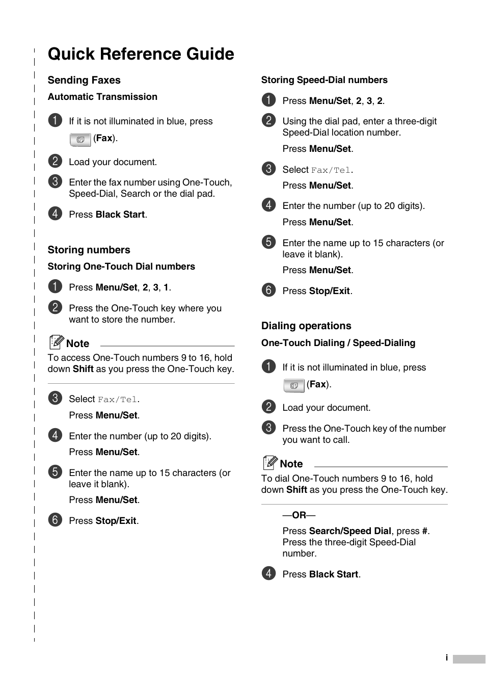 Quick reference guide, Sending faxes, Storing numbers | Dialing operations | Savin SPC210SF User Manual | Page 2 / 176