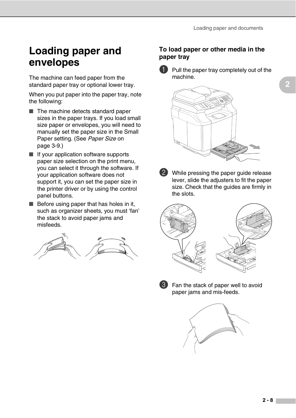Loading paper and envelopes, To load paper or other media in the paper tray, Loading paper and envelopes -8 | Savin SPC210SF User Manual | Page 24 / 176