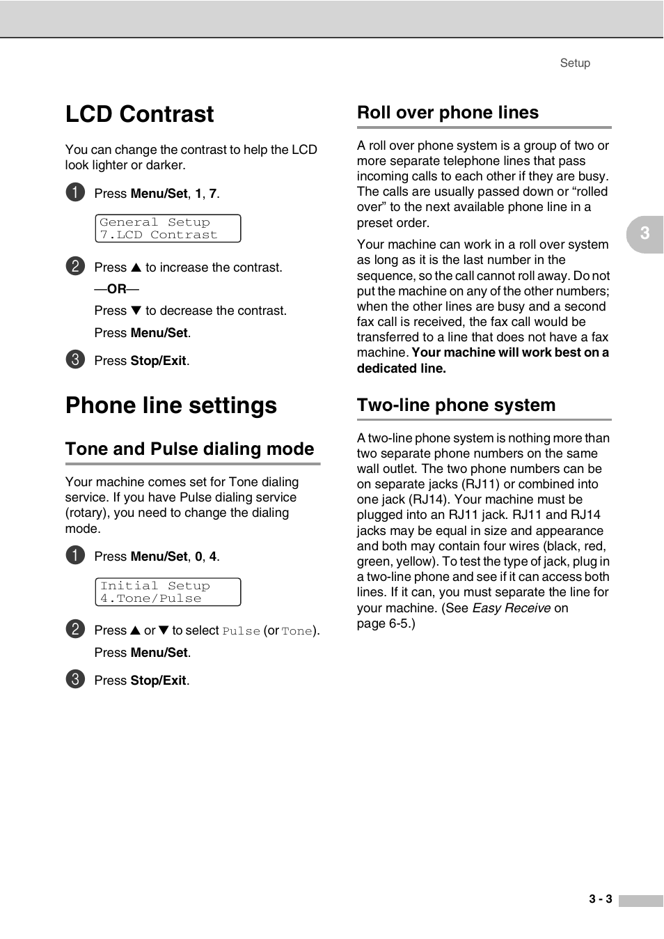 Lcd contrast, Phone line settings, Tone and pulse dialing mode | Roll over phone lines, Two-line phone system, Lcd contrast -3 phone line settings -3 | Savin SPC210SF User Manual | Page 30 / 176