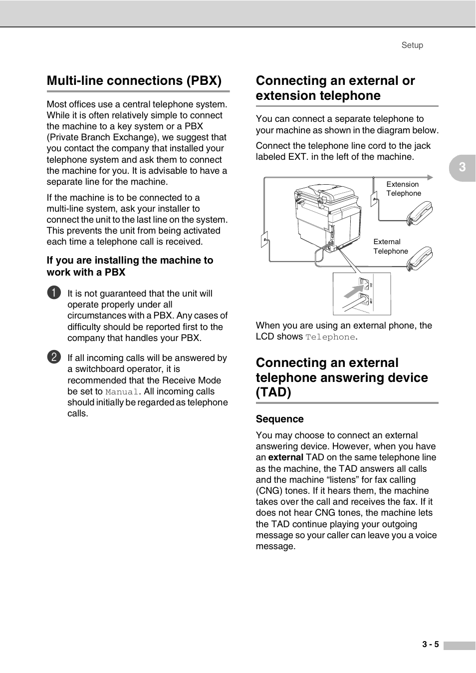 Multi-line connections (pbx), Connecting an external or extension telephone, Sequence | 3multi-line connections (pbx) | Savin SPC210SF User Manual | Page 32 / 176