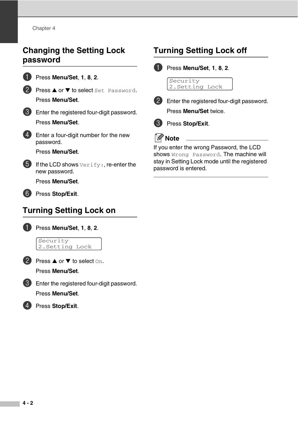 Changing the setting lock password, Turning setting lock on, Turning setting lock off | Savin SPC210SF User Manual | Page 39 / 176