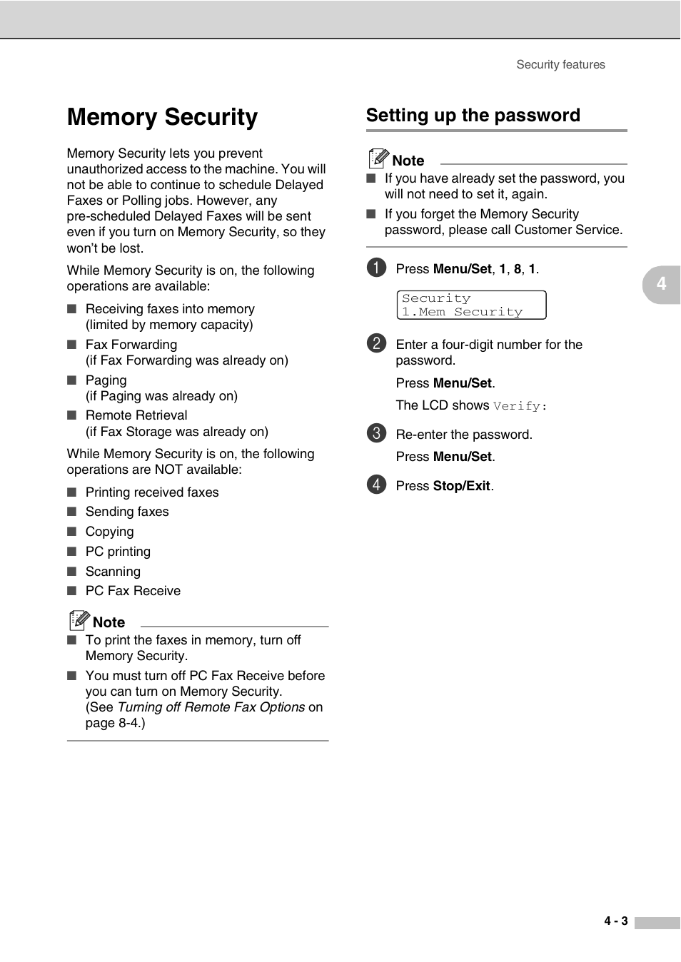 Memory security, Setting up the password, Memory security -3 | Setting up the password -3 | Savin SPC210SF User Manual | Page 40 / 176