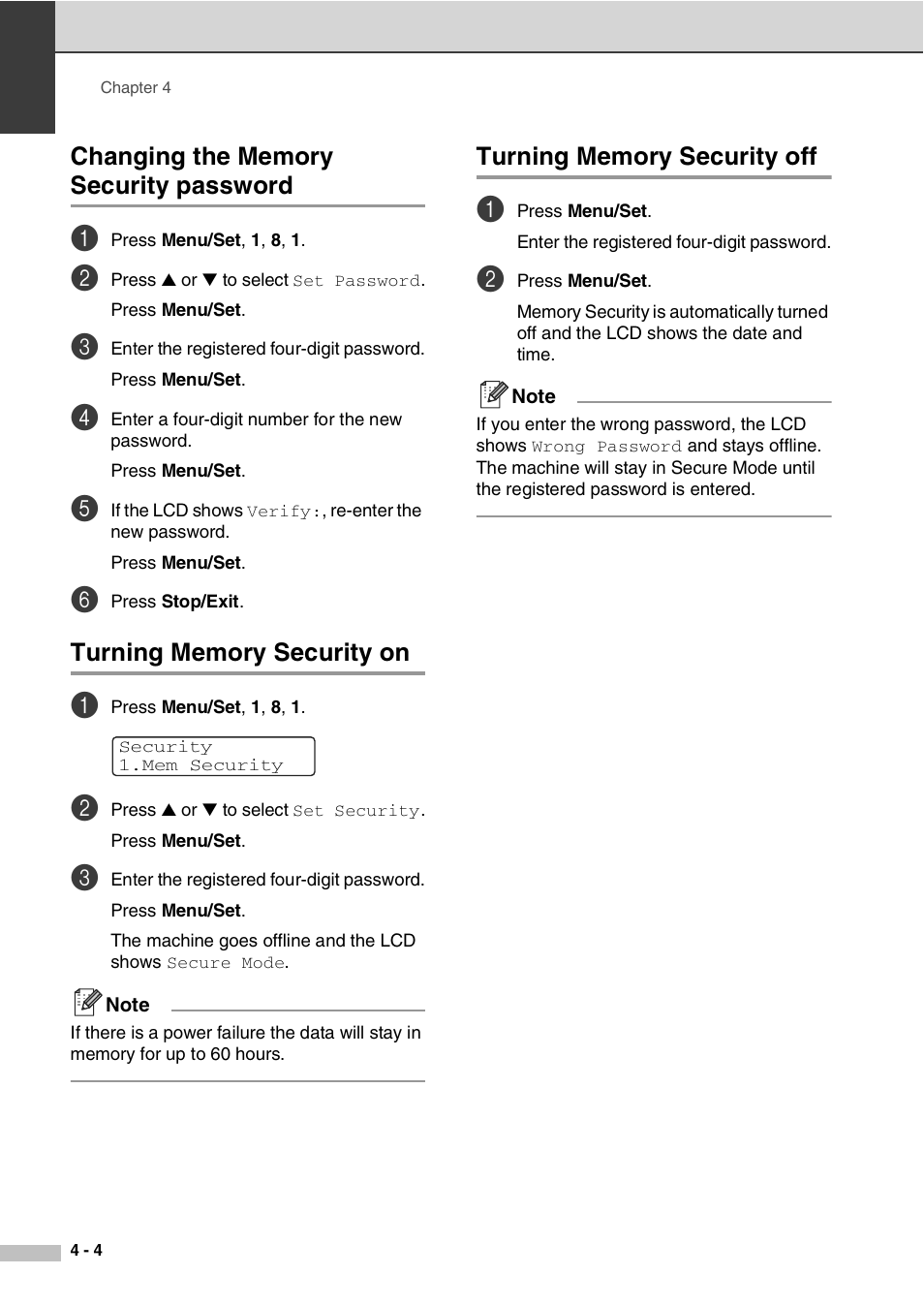 Changing the memory security password, Turning memory security on, Turning memory security off | Savin SPC210SF User Manual | Page 41 / 176