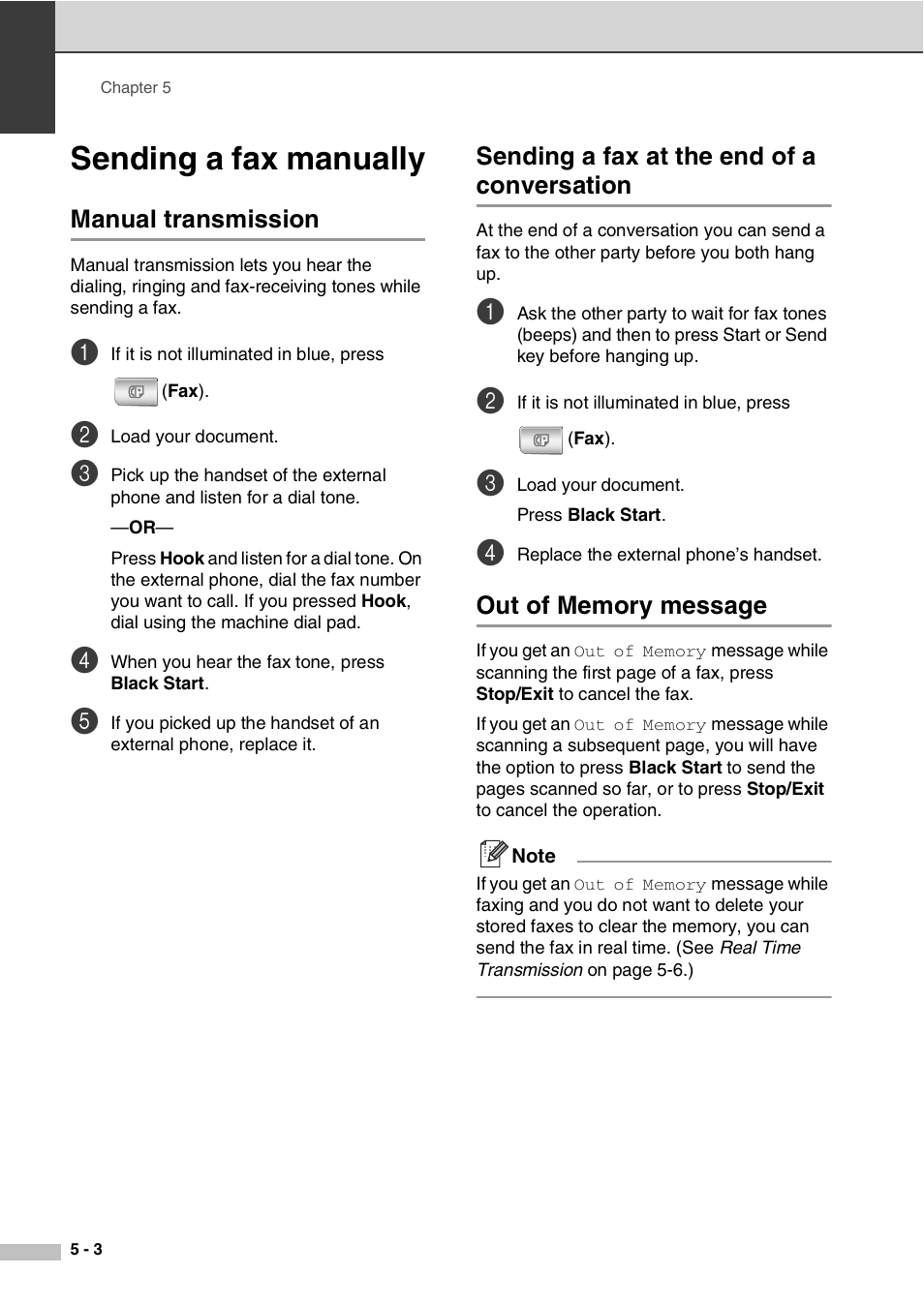 Sending a fax manually, Manual transmission, Sending a fax at the end of a conversation | Out of memory message, Sending a fax manually -3 | Savin SPC210SF User Manual | Page 45 / 176