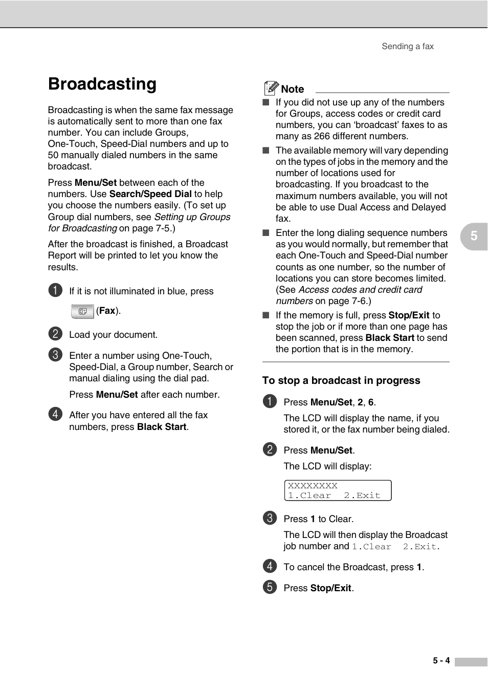 Broadcasting, To stop a broadcast in progress, Broadcasting -4 | Savin SPC210SF User Manual | Page 46 / 176