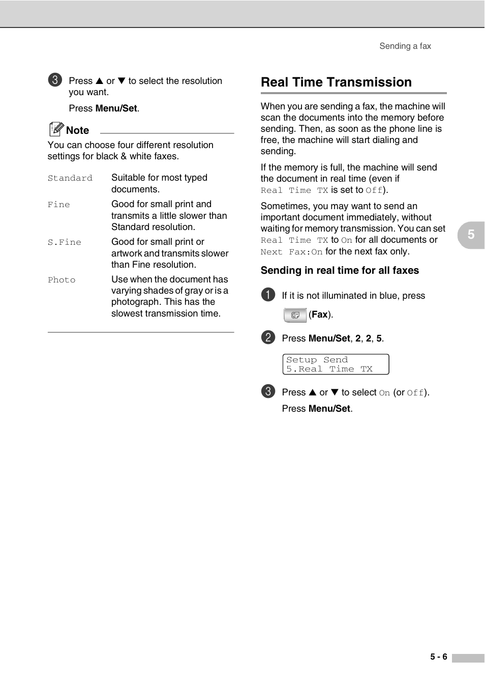 Real time transmission, Sending in real time for all faxes, Real time transmission -6 | Savin SPC210SF User Manual | Page 48 / 176