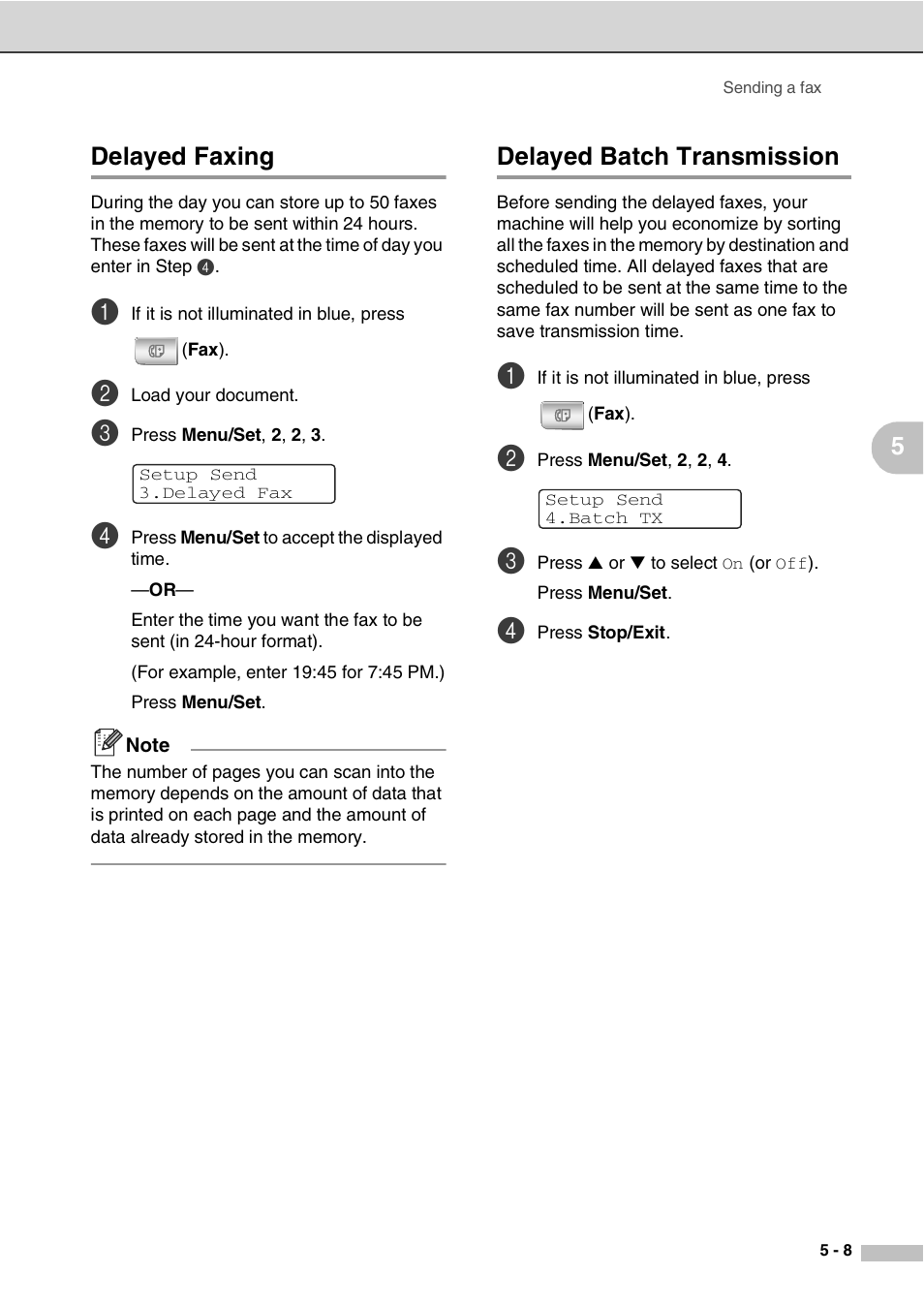 Delayed faxing, Delayed batch transmission, Delayed faxing -8 delayed batch transmission -8 | 5delayed faxing | Savin SPC210SF User Manual | Page 50 / 176