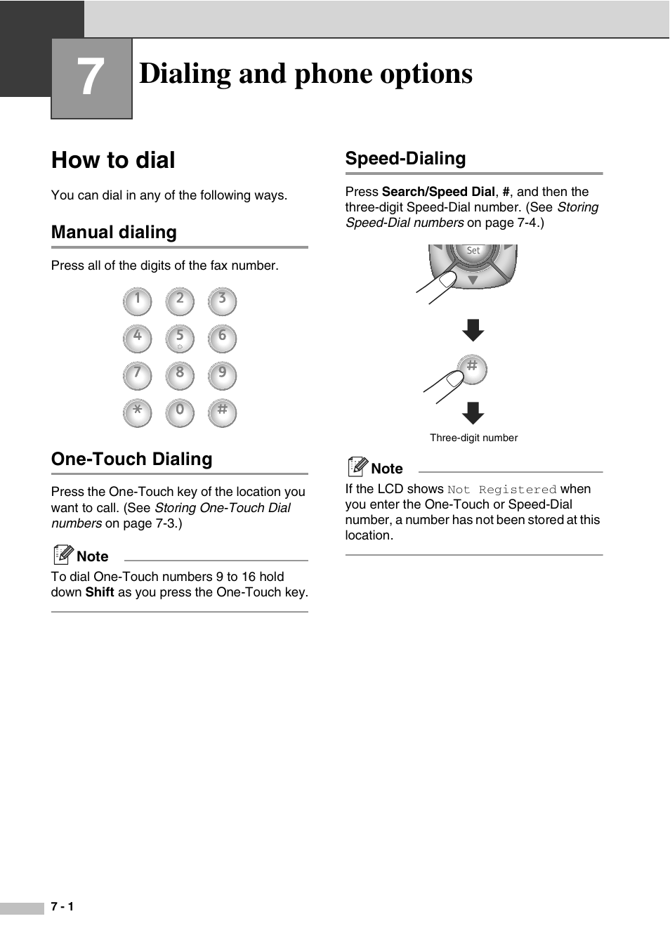 7 dialing and phone options, How to dial, Manual dialing | One-touch dialing, Speed-dialing, Dialing and phone options, How to dial -1 | Savin SPC210SF User Manual | Page 61 / 176