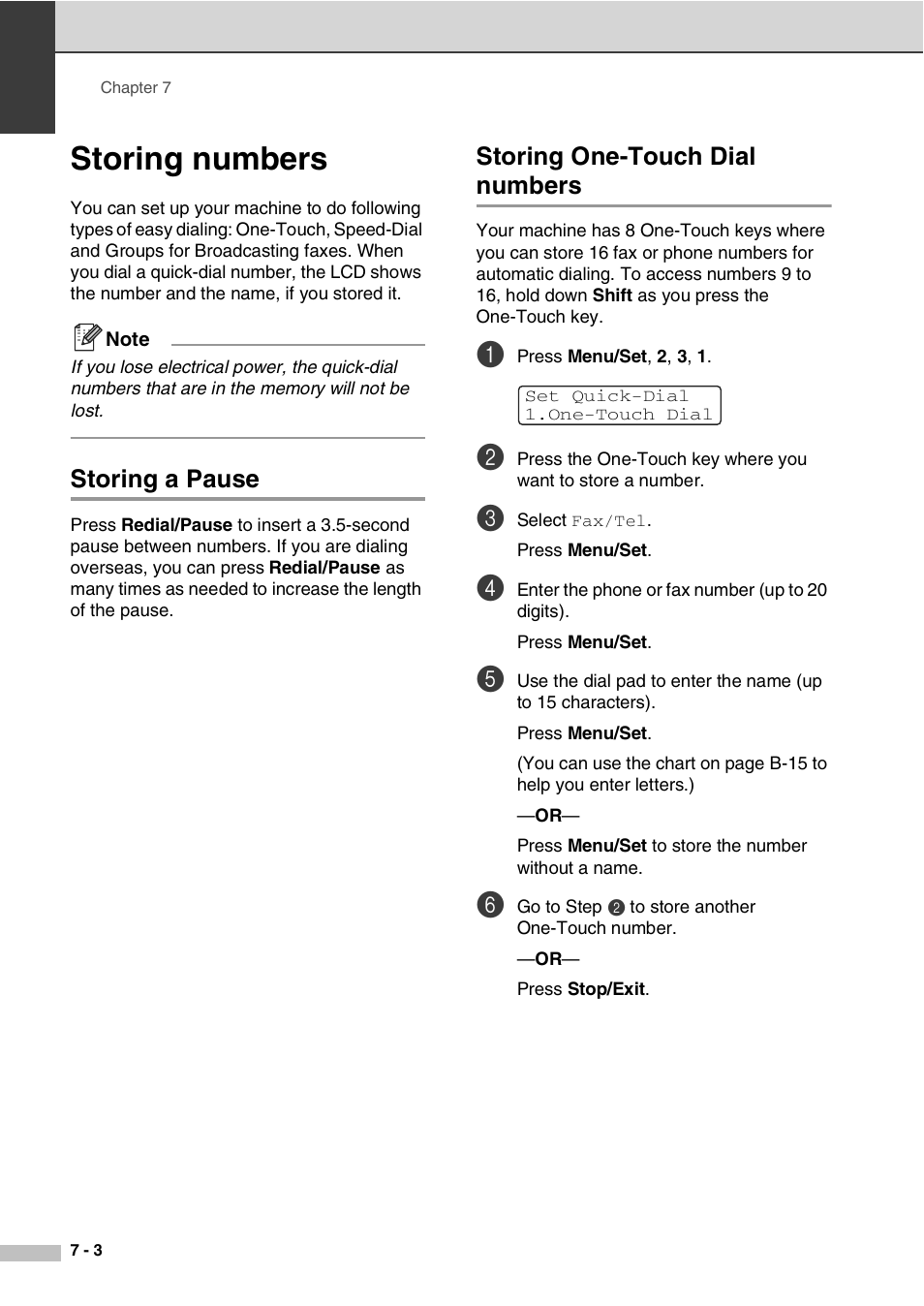 Storing numbers, Storing a pause, Storing one-touch dial numbers | Storing numbers -3 | Savin SPC210SF User Manual | Page 63 / 176