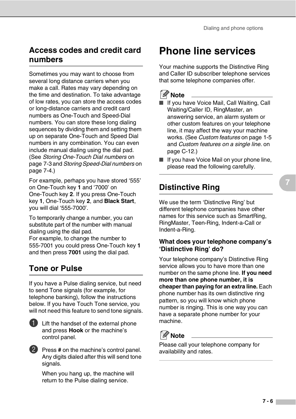 Access codes and credit card numbers, Tone or pulse, Phone line services | Distinctive ring, Phone line services -6, Distinctive ring -6, 7access codes and credit card numbers | Savin SPC210SF User Manual | Page 66 / 176