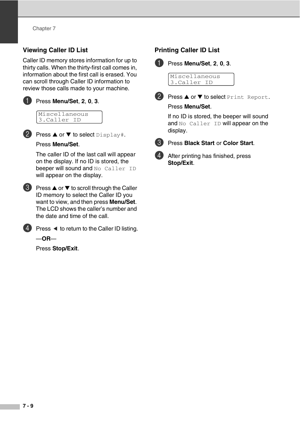 Viewing caller id list, Printing caller id list | Savin SPC210SF User Manual | Page 69 / 176
