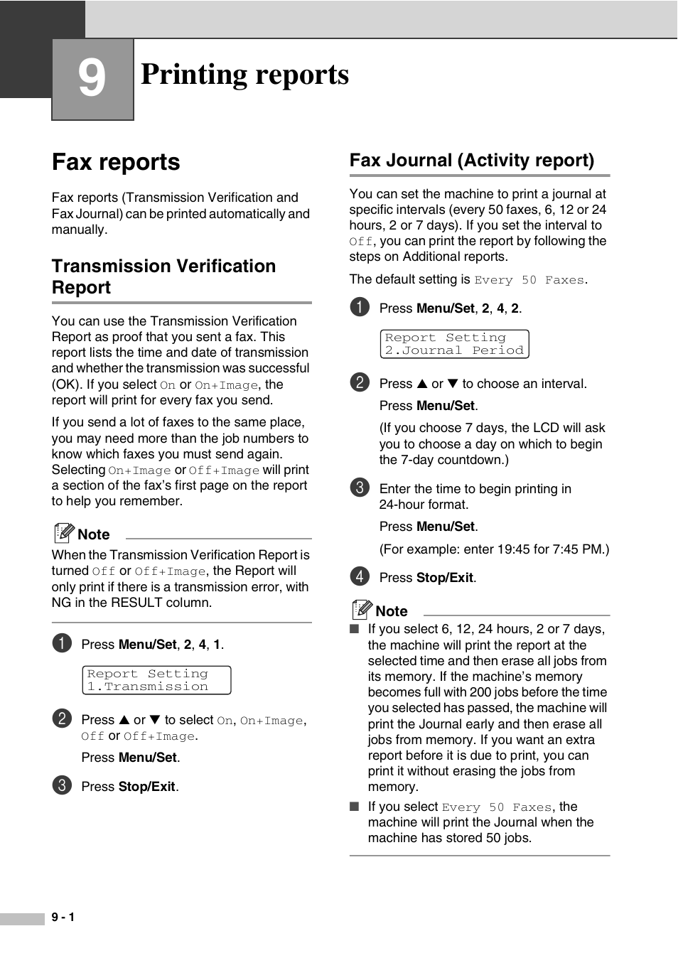 9 printing reports, Fax reports, Transmission verification report | Fax journal (activity report), Printing reports, Fax reports -1 | Savin SPC210SF User Manual | Page 77 / 176
