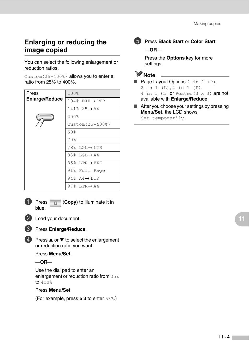 Enlarging or reducing the image copied, Enlarging or reducing the image copied -4, 11 enlarging or reducing the image copied | Savin SPC210SF User Manual | Page 85 / 176