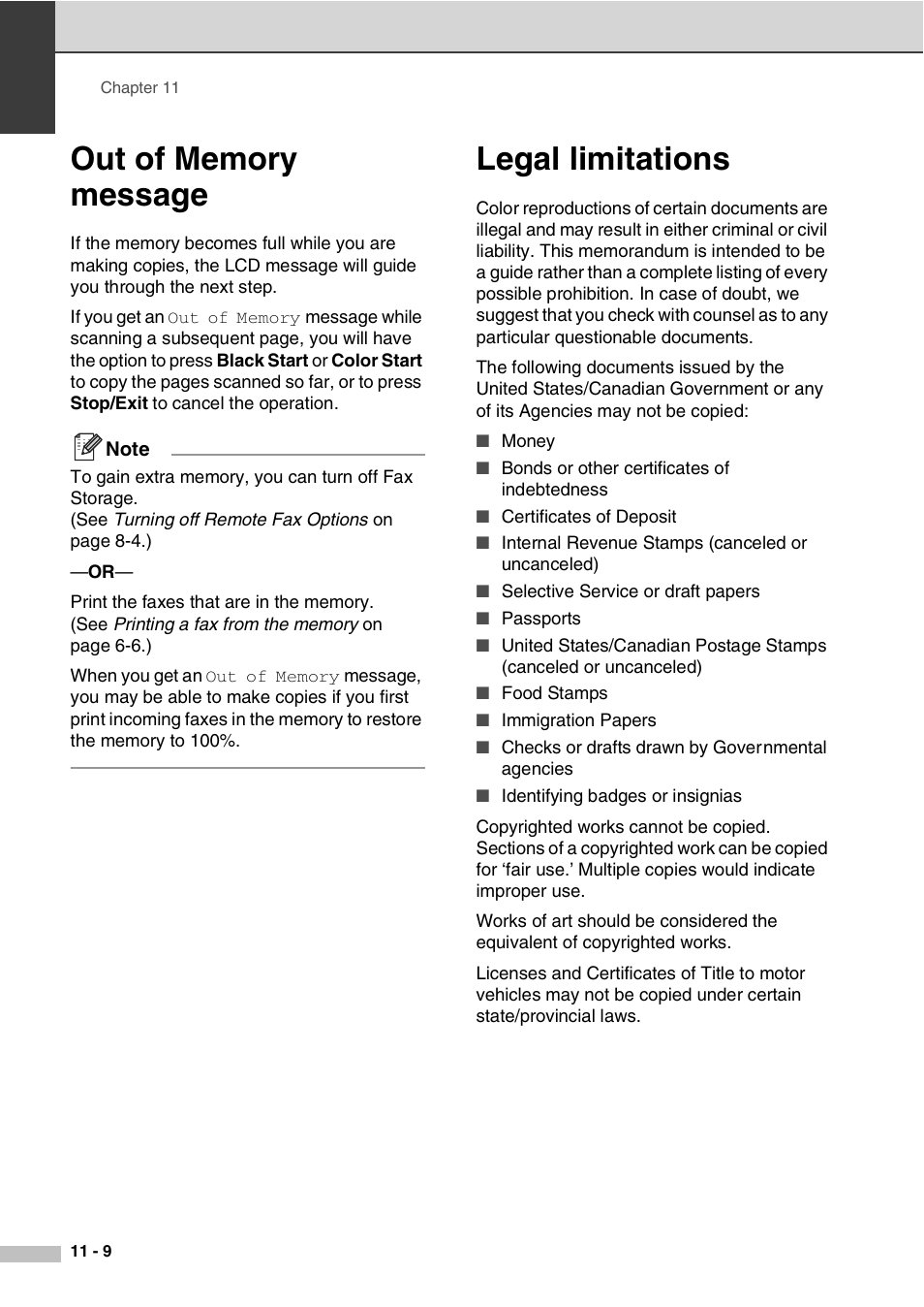 Out of memory message, Legal limitations, Out of memory message -9 legal limitations -9 | Savin SPC210SF User Manual | Page 90 / 176