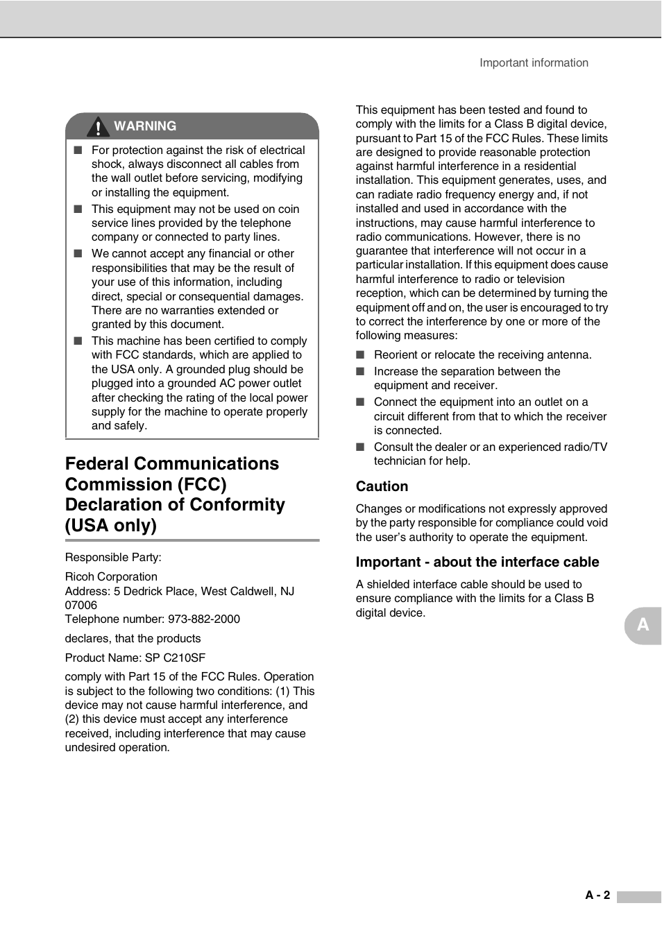 Caution, Important - about the interface cable | Savin SPC210SF User Manual | Page 94 / 176