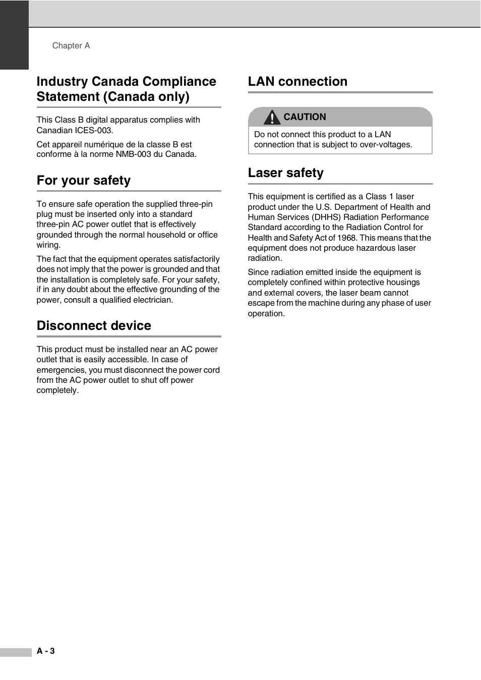 Industry canada compliance statement (canada only), For your safety, Disconnect device | Lan connection, Laser safety, Lan connection laser safety | Savin SPC210SF User Manual | Page 95 / 176