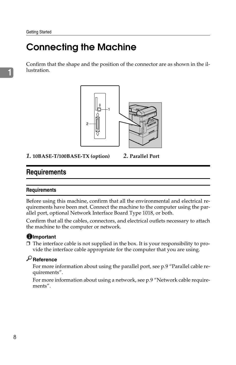 1connecting the machine, Requirements | Savin 1013 User Manual | Page 16 / 90
