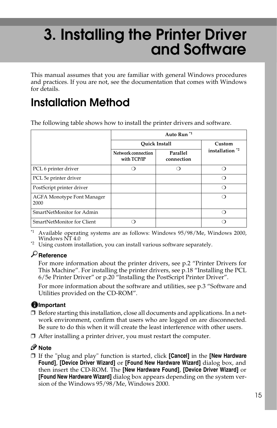 Installing the printer driver and software, Installation method | Savin 1013 User Manual | Page 23 / 90
