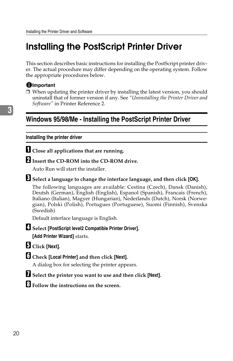 3installing the postscript printer driver | Savin 1013 User Manual | Page 28 / 90