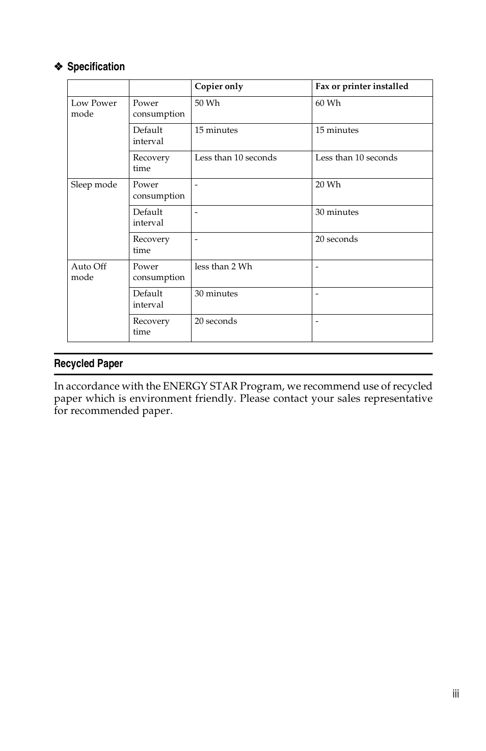 Iii ❖ ❖ ❖ ❖ specification recycled paper | Savin 1013 User Manual | Page 5 / 90