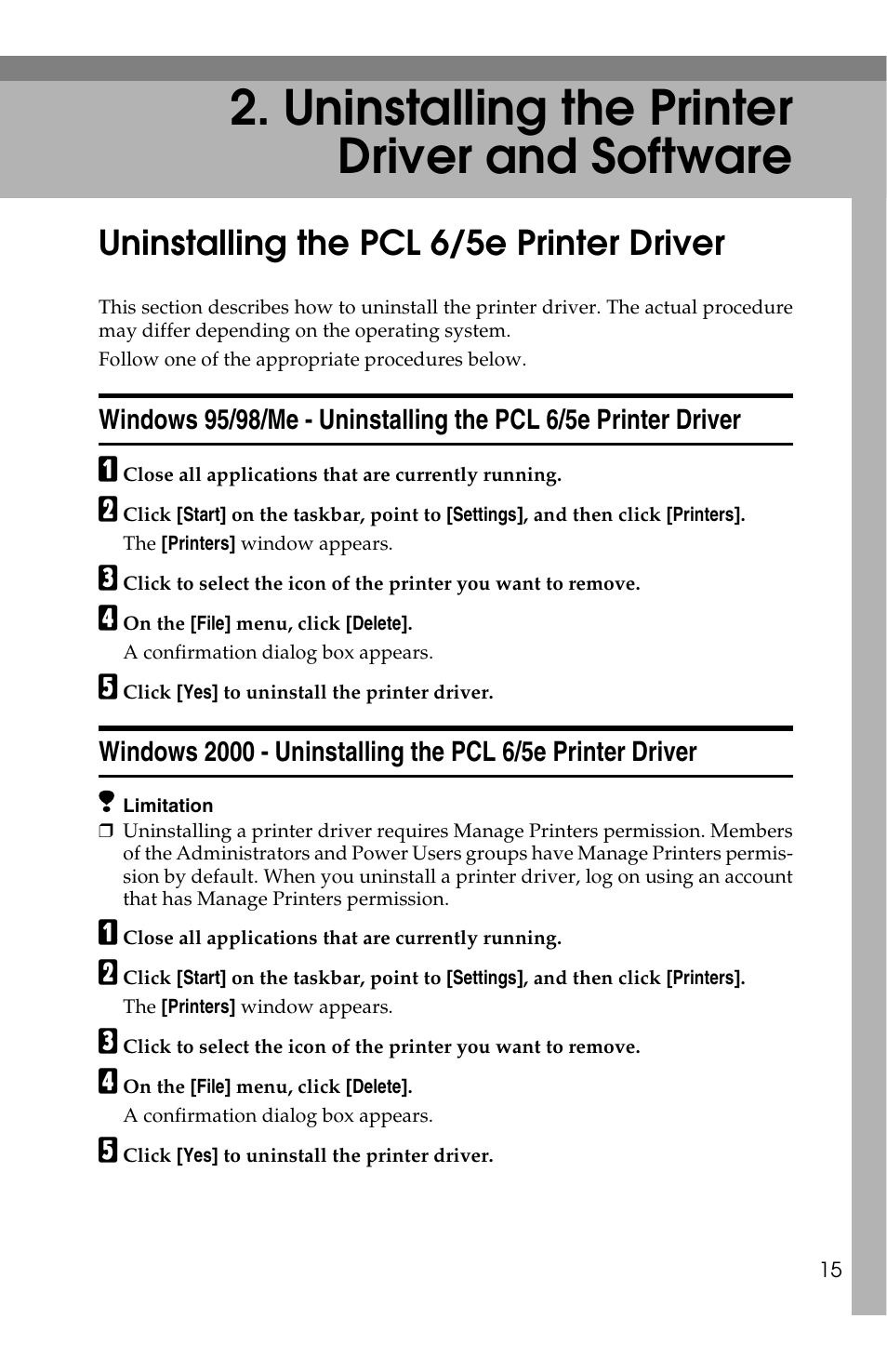 Uninstalling the printer driver and software, Uninstalling the pcl 6/5e printer driver | Savin 1013 User Manual | Page 57 / 90