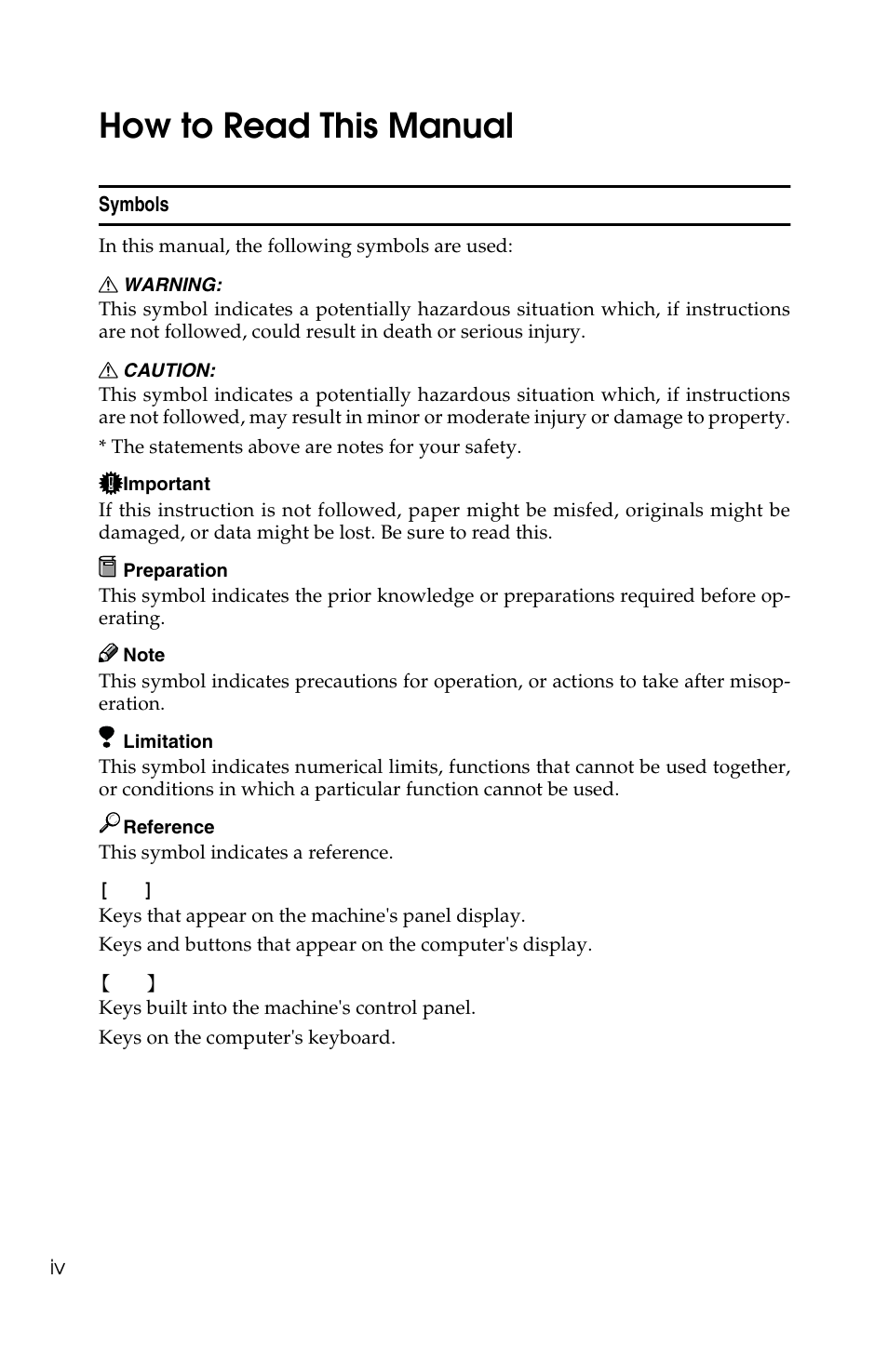 How to read this manual | Savin 1013 User Manual | Page 6 / 90