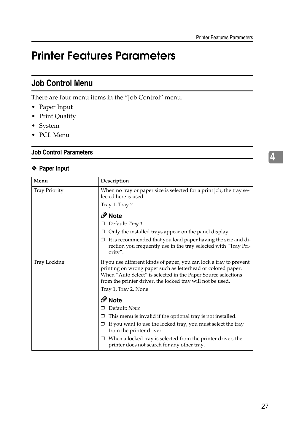 4printer features parameters, Job control menu | Savin 1013 User Manual | Page 69 / 90