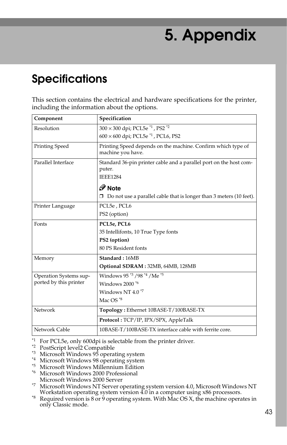 Appendix, Specifications | Savin 1013 User Manual | Page 85 / 90