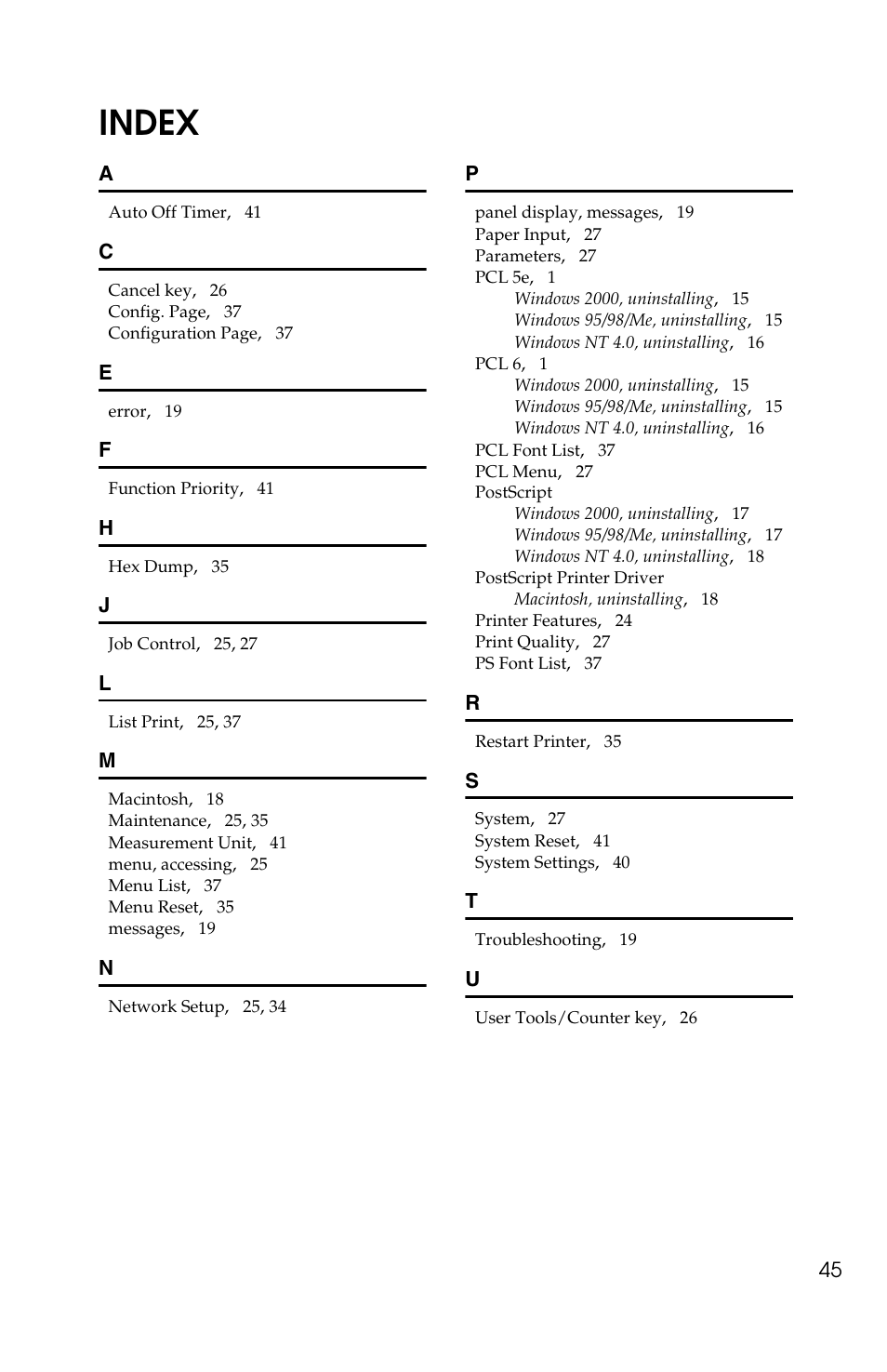 Index | Savin 1013 User Manual | Page 87 / 90